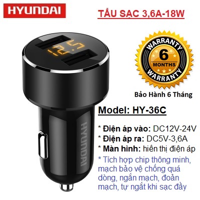 Tẩu sạc ô tô, tẩu sạc nhanh tích hợp hai cổng USB điện áp 3.6A, 18W hiển thị điện áp