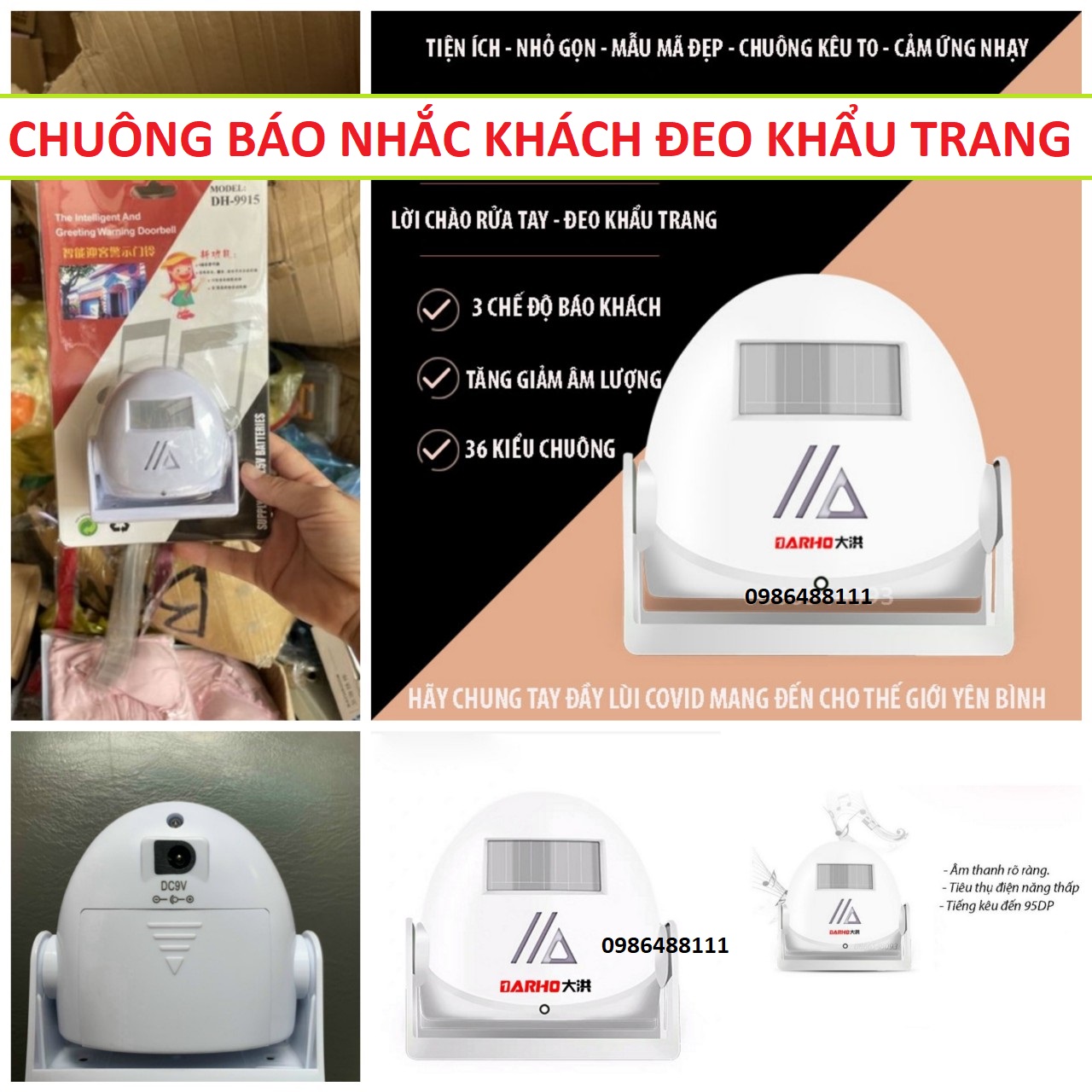 ( SIÊU RẺ ) Chuông báo khách kèm nhắc nhở khách đeo khẩu trang rửa tay sát khuẩn tự động mẫu mới loại tốt bản đặc biệt , chuông cửa báo khách không dây