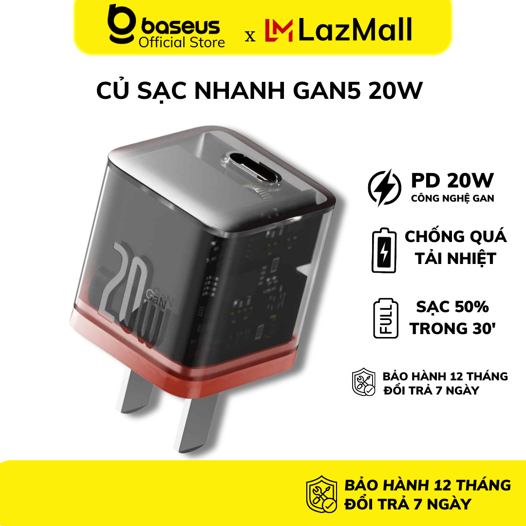 THU THẬP VOUCHER GIẢM 10 Củ sạc nhanh 20W Baseus GaN5 Fast Charger 1C Cốc sạc chống cháy nổ màu mới độc đáo