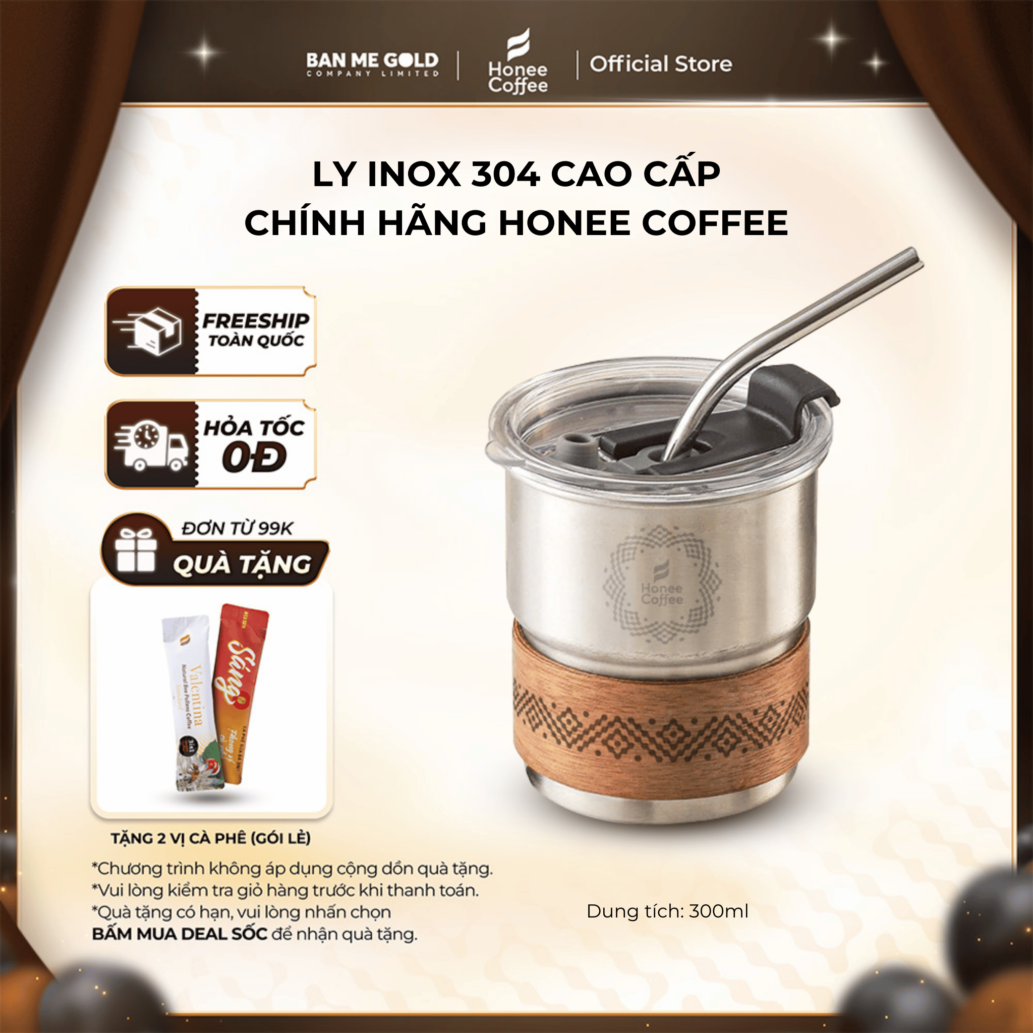   TẶNG QUÀ  Ly Cà Phê Inox Cao Cấp  300ml  - Ly Cafe Chất Liệu Thép Không Gỉ - Chính Hãng Ban Me Gold - Honee Coffee 