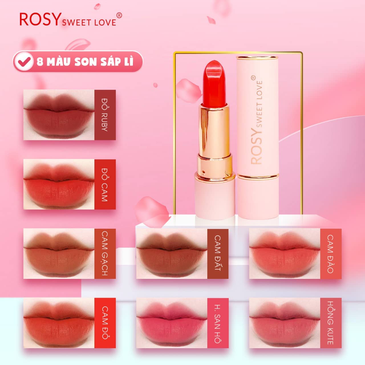 Son sáp Rosy 08 màu son lì công nghệ Hàn Quốc - Không chì, không thủy ngân, bền màu, mềm môi giá sỉ Holaskin