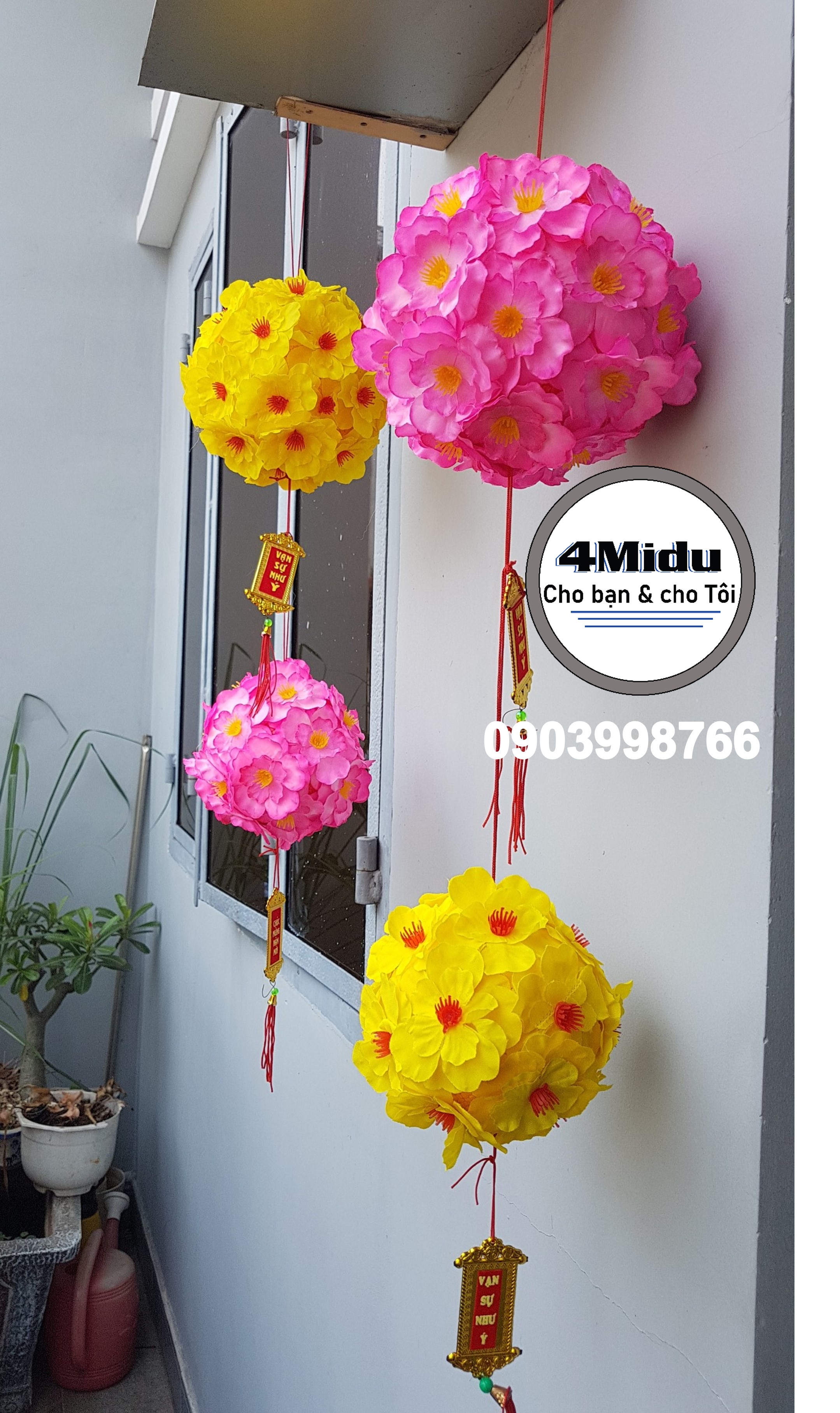 Quả cầu hoa mai hoa đào, quả cầu tài quả cầu lộc trang trí Tết nhiều Size