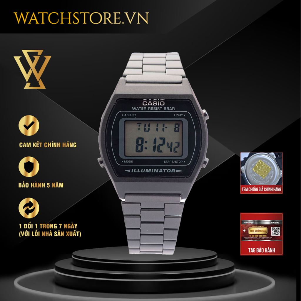 Đồng hồ điện tử nam casio chính hãng watchstore b640wb-1adf thiết kế mặt kính vuông nhựa 35mm, dây đeo kim loại và vỏ nhựa màu đen