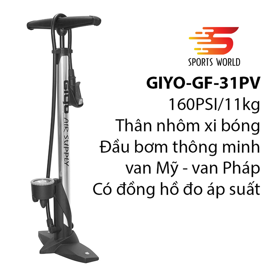 Bơm xe đạp xe máy 160PSI/11KG GIYO GF-31PV thân nhôm xi hàng GIYO Đài Loan - SPORTS WORLD