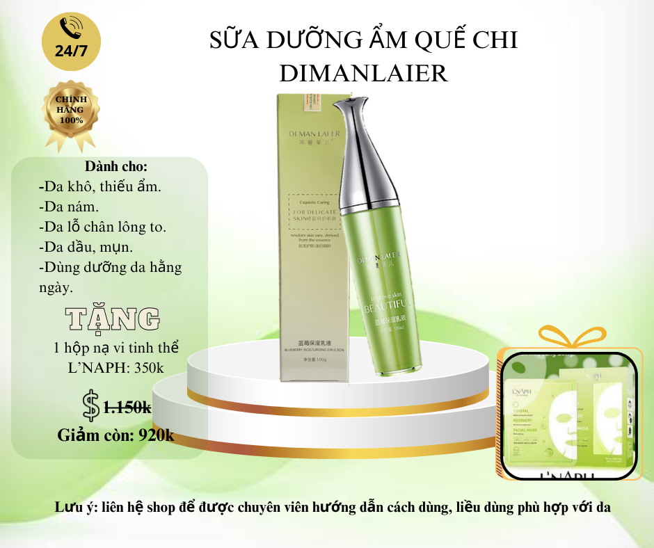 Sữa dưỡng ẩm quế chi - dimanlaier - tặng 1 hộp nạ vi tinh thể l'naph