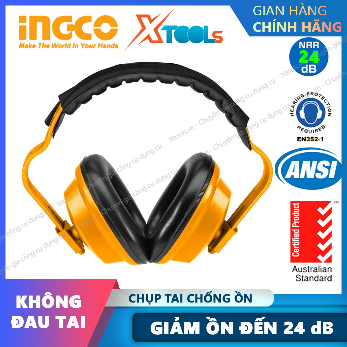 Chụp tai chống ồn INGCO HEM01 độ giảm ồn 24dBphone chống ồn bảo vệ tai, Bịt tai giảm ồn cao cấp không gây đau tai