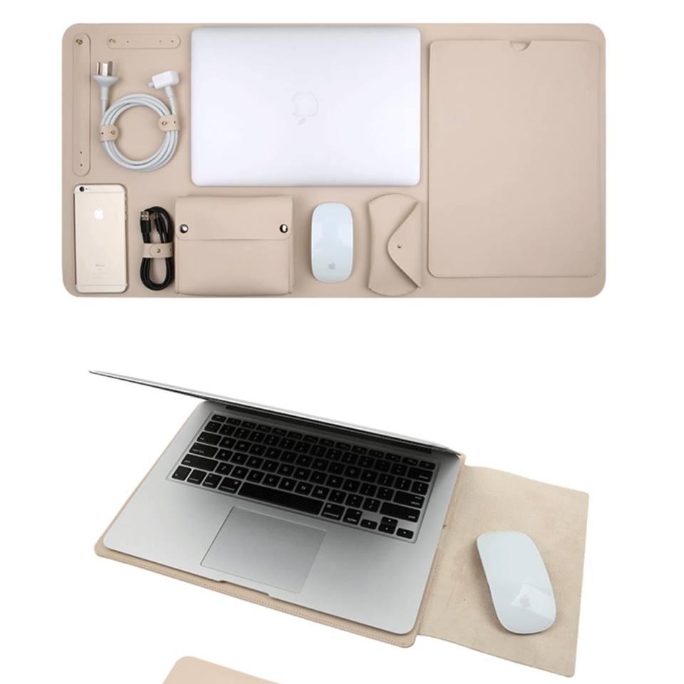 Bao da, túi da chống sốc, túi đựng macbook kèm thảm da trải bàn làm việc, combo 5 in 1 (Cho Macbook Air 13.3 inch đời 2018 và Macbook Pro 13.3 inch đời 2016 đến 2018)