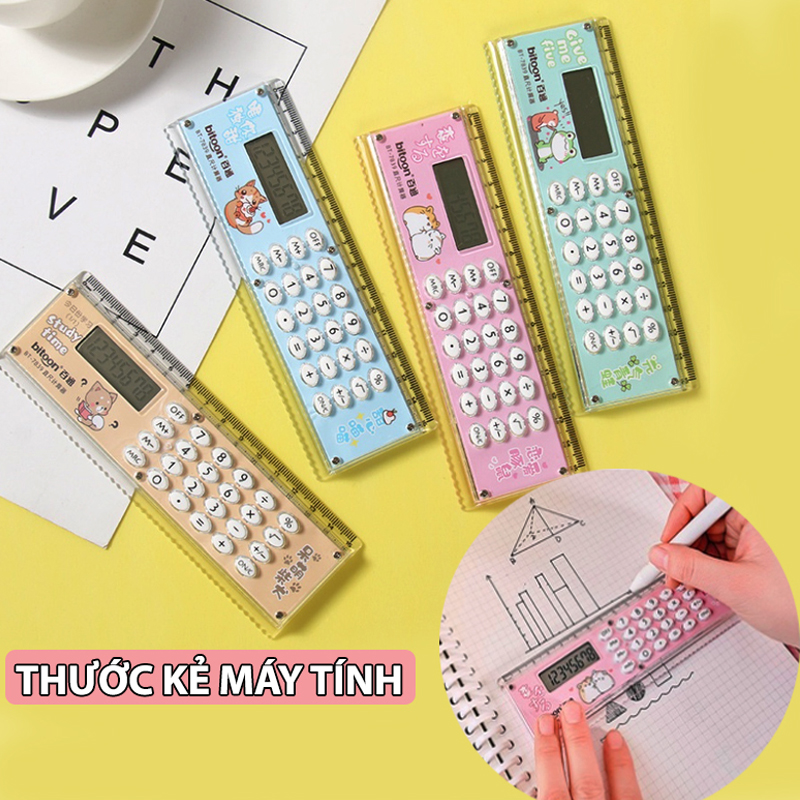 Thước kẻ máy tính Thước kẻ cho bé học tập kèm máy tính 8 chữ số Bộ thước kẻ bộ dụng cụ học tập thước đo kiềm máy tính mini