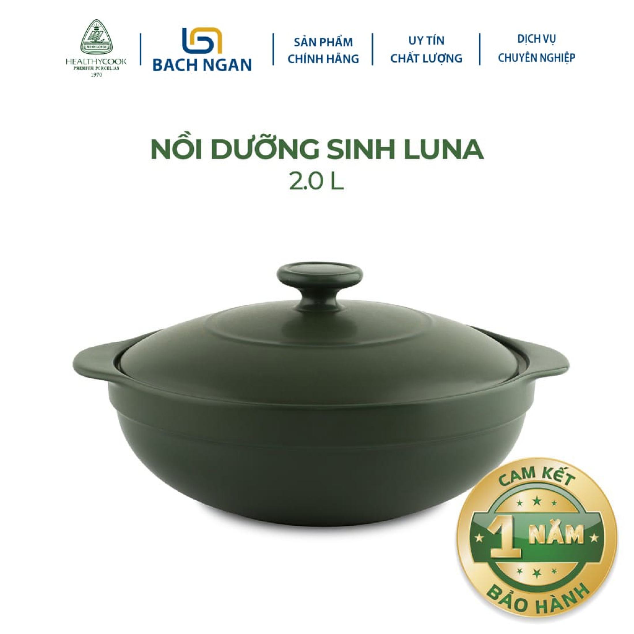 Nồi Sứ Dưỡng Sinh Minh Long Luna cao cấp 2.0 L dùng Bếp Ga, Hồng Ngoại có nắp đậy, tráng men màu sứ xanh rêu, có thể kho cá, hầm cháo - nồi đất