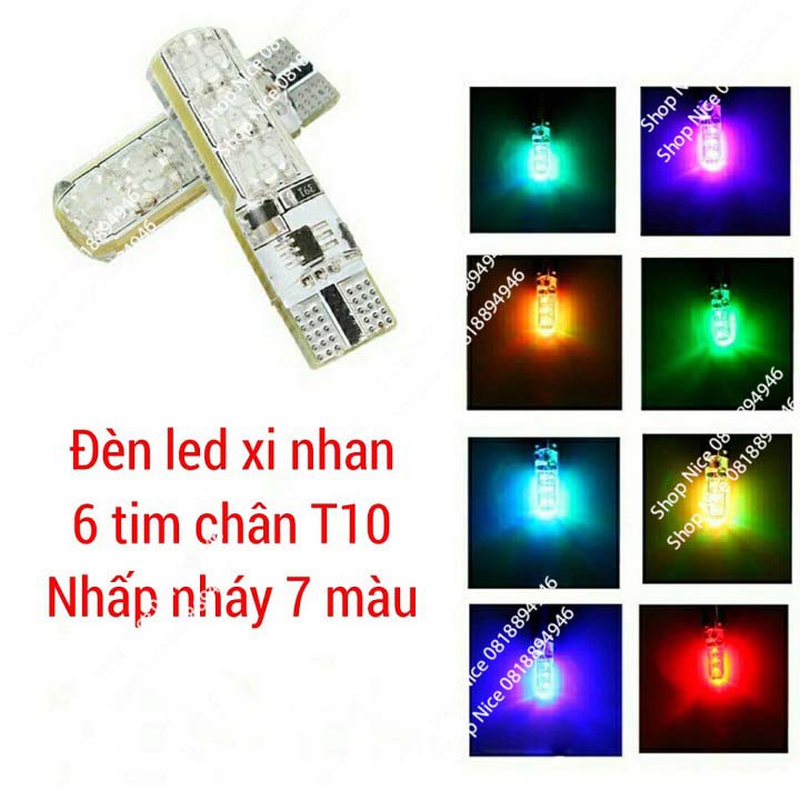 Đèn led xi nhan xe máy 6 tim nhấp nháy 7 màu chân t10 giá 1 cái