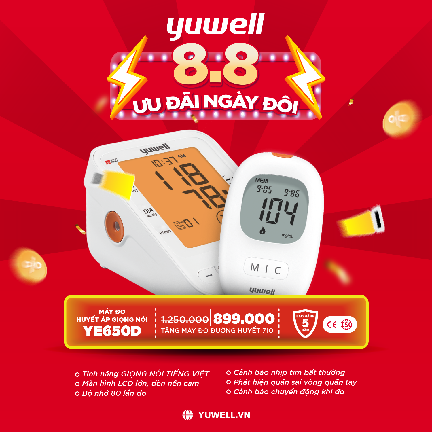 Máy đo huyết áp giọng nói yuwell ye650d chính hãng
