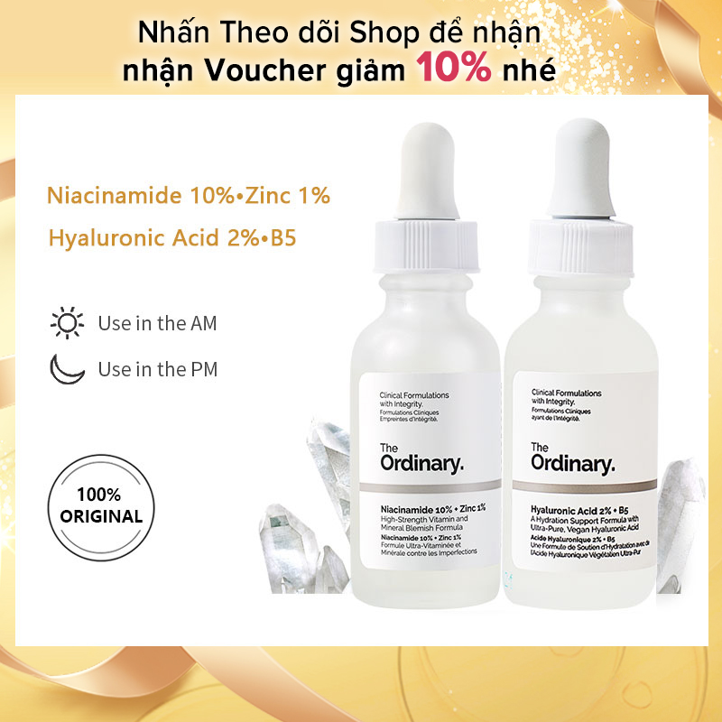 The Ordinary Set Niacinamide 10% + Zinc 1% 30ml & Hyaluronic Acid 2% + B5-30ml，Serum dưỡng trắng da căng bóng dưỡng ẩm