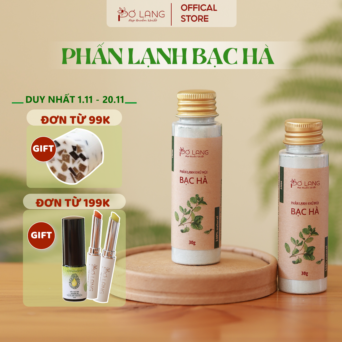Phấn lạnh bột khử mùi cơ thể Bạc Hà Pơ Lang lọ 30gam (Khử mùi 24 giờ, không vàng áo)