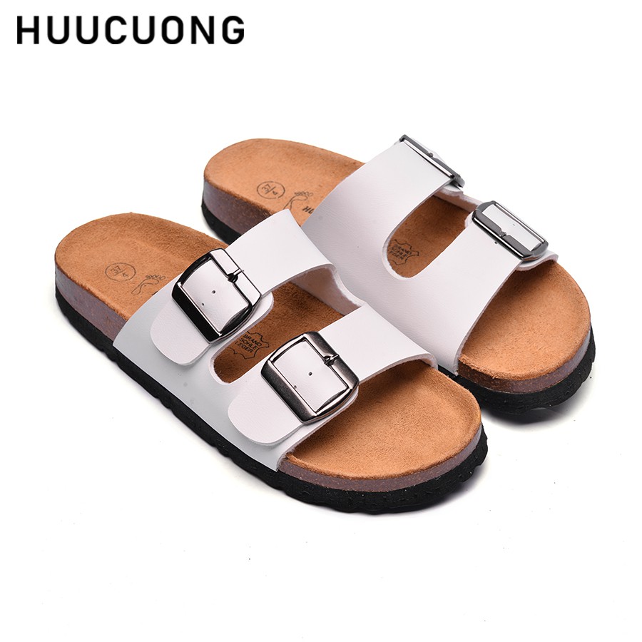 Dép nữ HuuCuong 2 khóa trắng đế trấu handmade