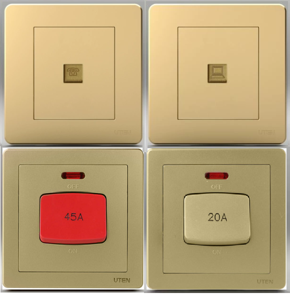 Công tắc vuông 20A, 45A Uten mặt vuông chuẩn BS - Công tắc bình nóng điều hòa, ổ mạng CAT6, ổ điện thoại CAT3 Uten Q7 mặt vuông