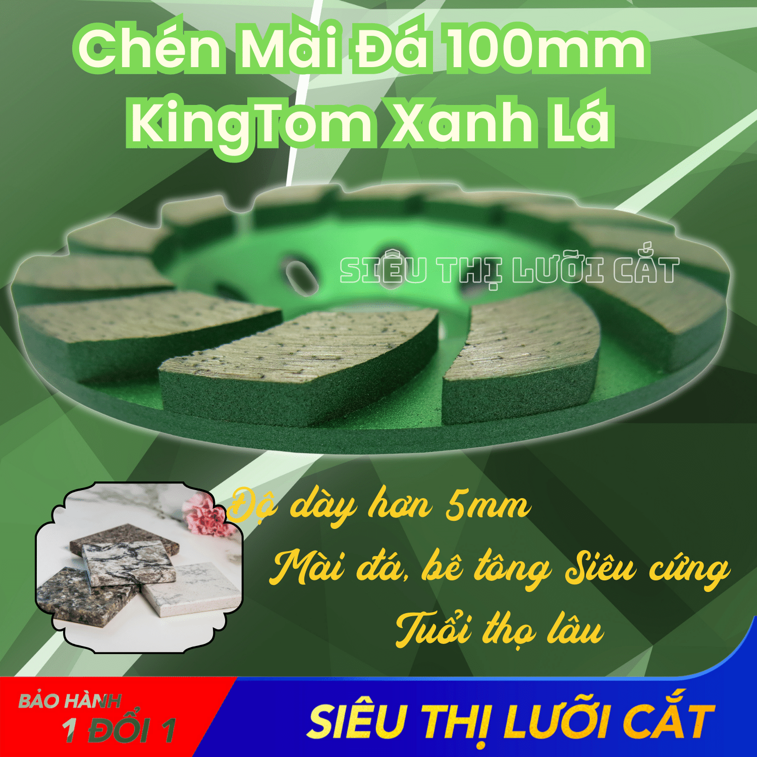 Chén mài kingtom xanh lá cao cấp 100 - mài khô - chuyên mài granite, hoa cương, bê tông