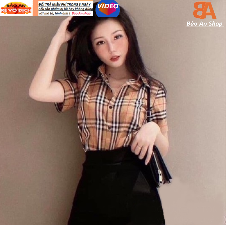 Áo sơ mi nữ phối sọc caro, chất vải Kate, Free Size dưới 55kg