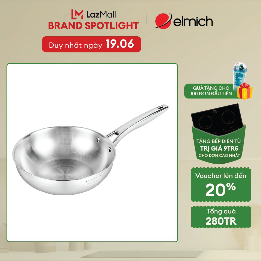 (Duy nhất từ ngày 25.06-29.06)Chảo inox nguyên khối sâu lòng Elmich Trimax EL3846M/LOL size 26,28cm