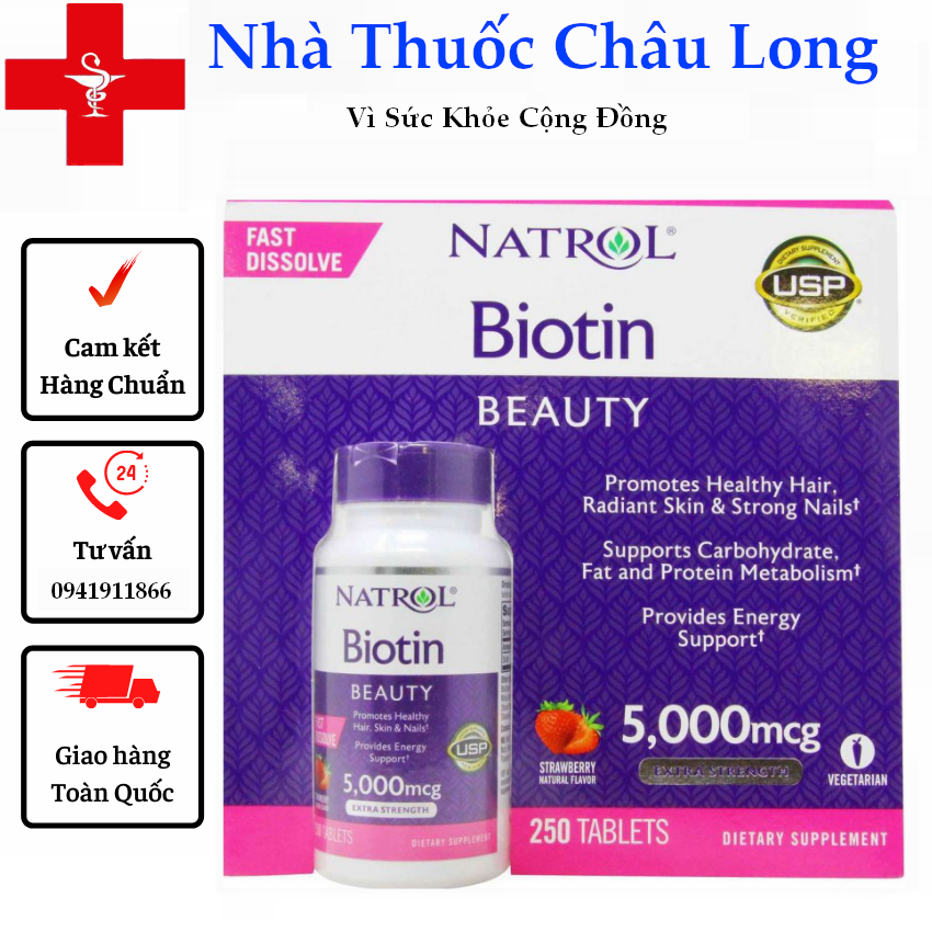Viên ngậm nhai Natrol Biotin 5,000mcg Extra Strength 250 viên Beauty Fast Dissolve vị dâu của Mỹ - Hỗ trợ tóc móng khỏe biotin 5000 mcg - Hàng Date Mới