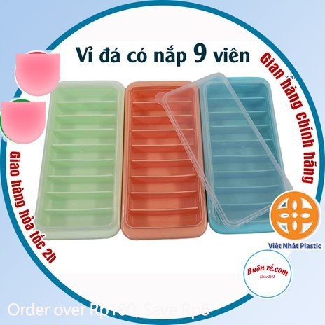 Khay đá có nắp đậy 9 viên (MS:6933) Việt Nhật, vỉ đá, khuôn thạch rau câu, kẹo dẻo, khay trữ đồ ăn dặm cho bé -br01244