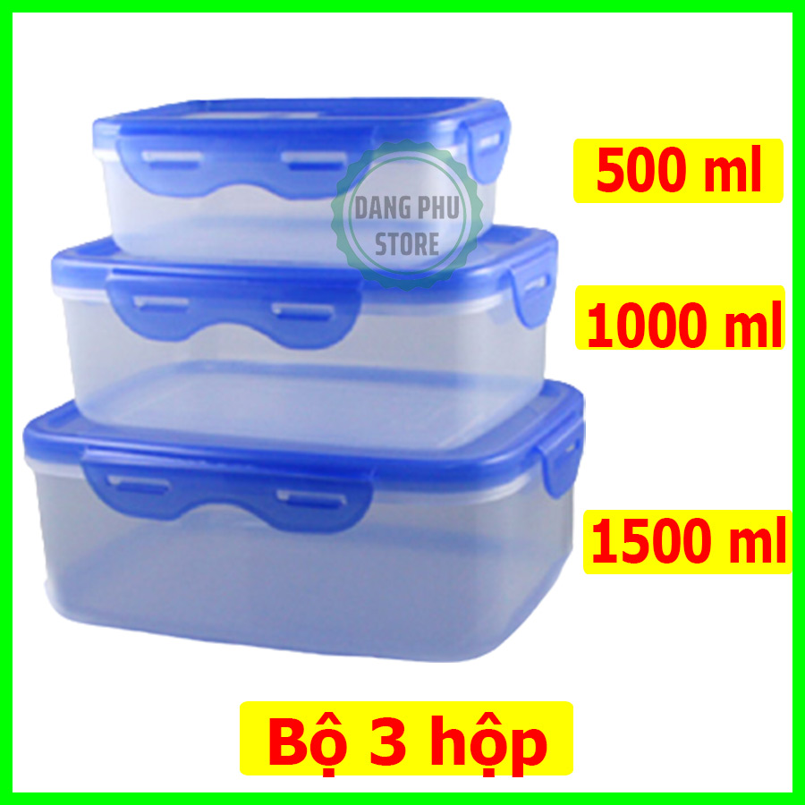 Bộ 3 hộp nhựa đựng thực phẩm chữ nhật cao cấp dung tích 500ml, 1000ml, 1500ml có nắp khóa chắc chắn, nhựa trong suốt, có nắp đậy- Màu ngẫu nhiên