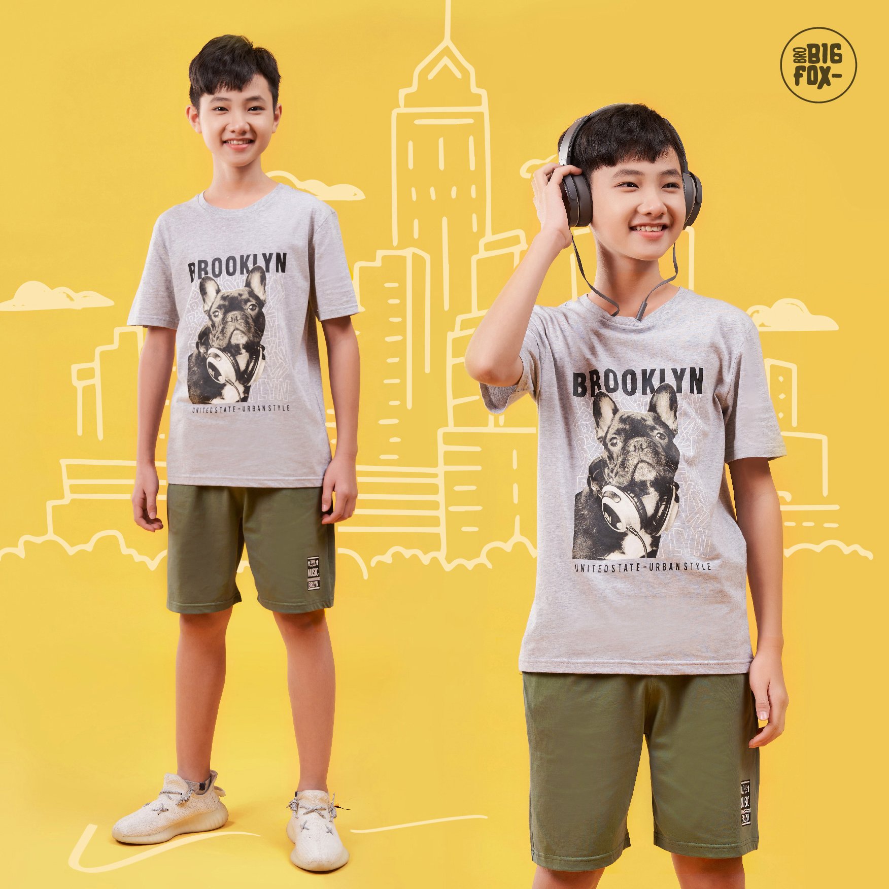 Quần áo bé trai size đại, đồ bộ bé trai tuổi teen chất cotton phong cách Âu Mỹ hình in Brooklyn 43 - 57 kg QATE