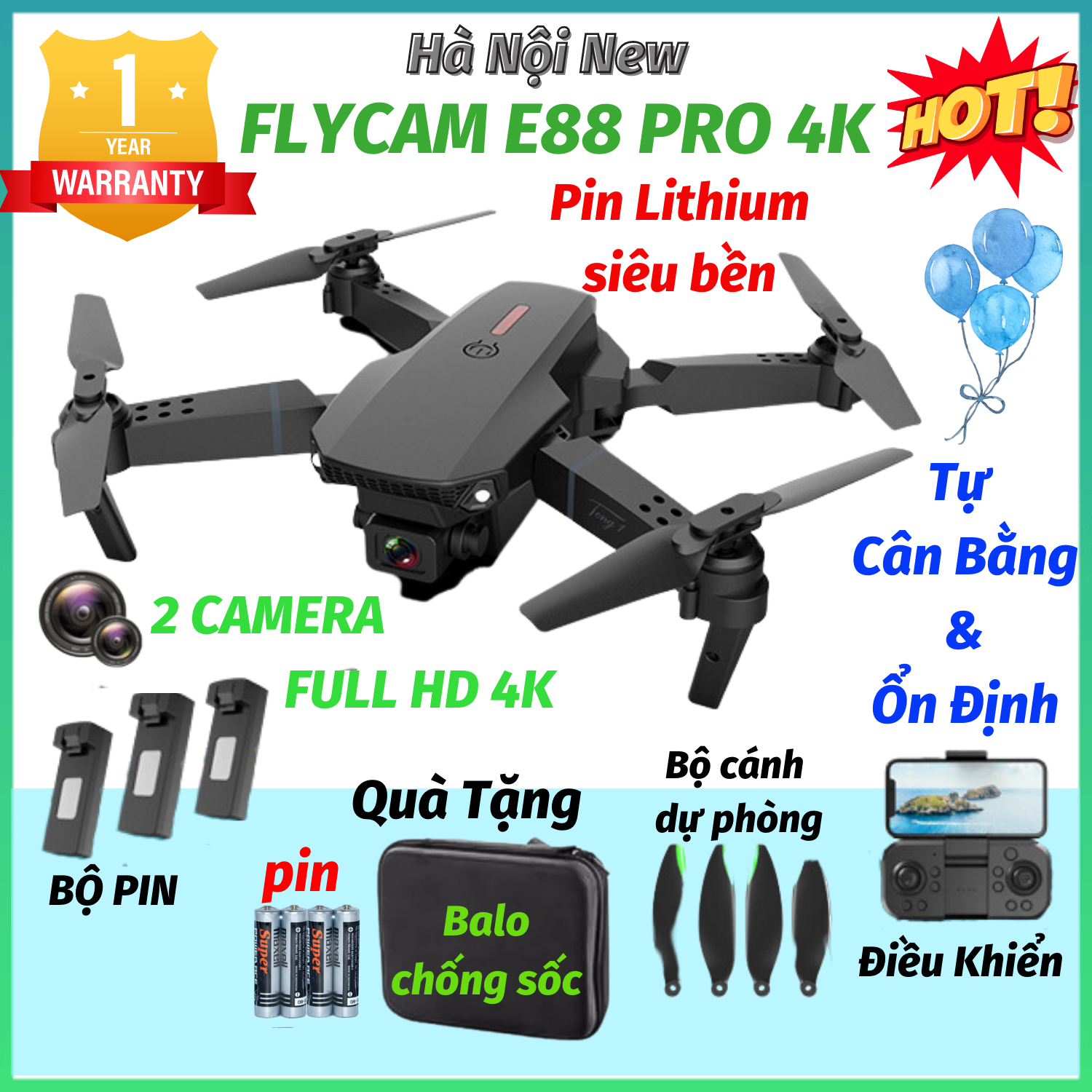 Máy Bay Điểu Khiển Từ Xa 4 Cánh Flycam E88 Pro 2 camera full hd 4k Fly cam Máy Bay Không Người Lái flycam pin trâu hơn F11 Pro 4k Mavic 2 Pro SG700 Air 2S L900 pro L106 pro