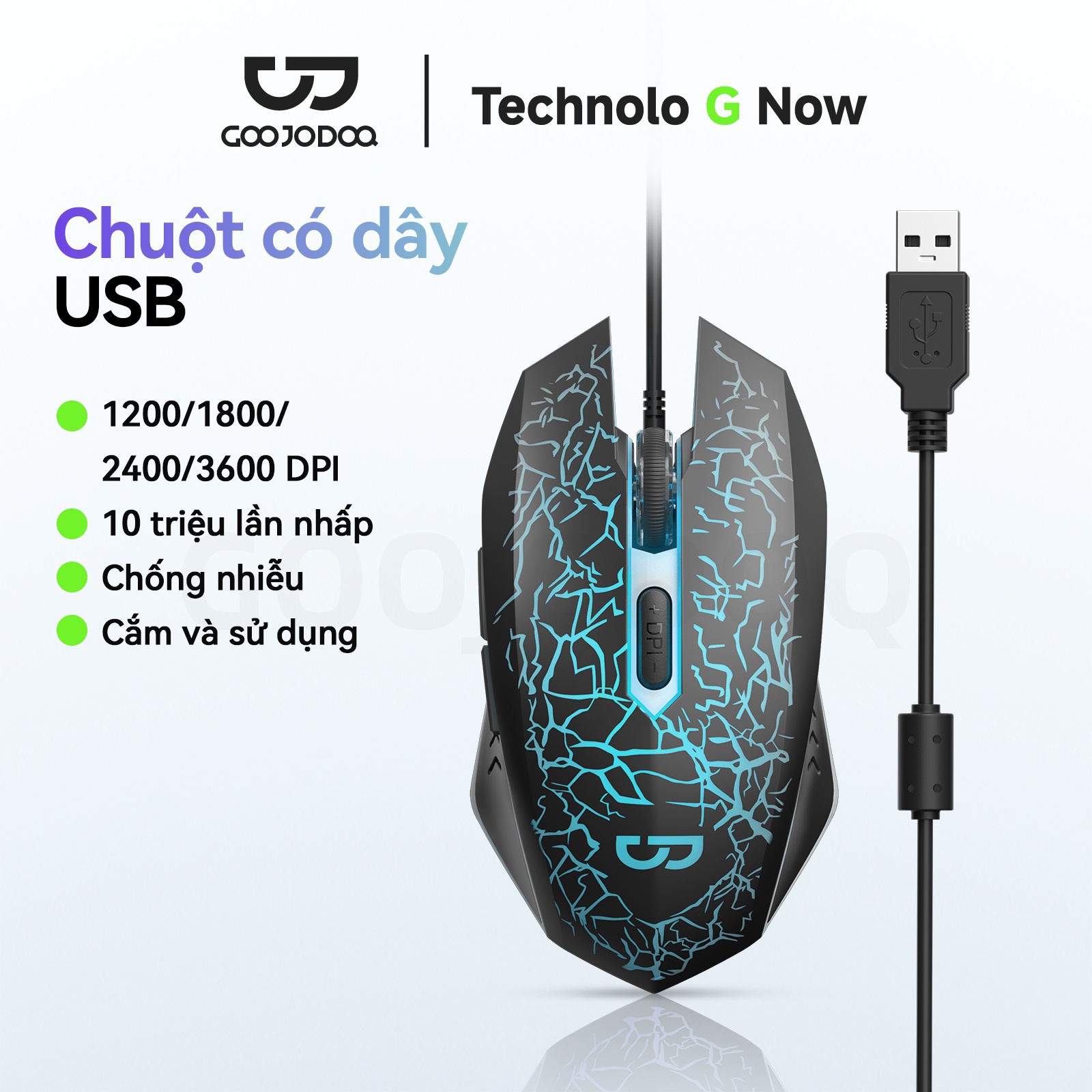chuột gaming có dây GOOJODOQ phát sáng nứt đầy, màu sắc Bốn cài đặt DPI ,Vòng từ tính chống nhiễu