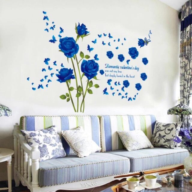 Decal dán tường Hoa hồng xanh - tranh dán tường giấy trang trí tường Hoa Hồng Xanh Màu Biển