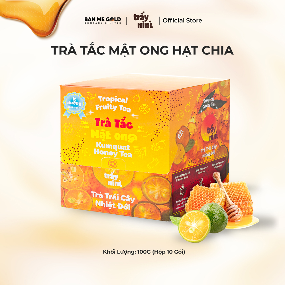 TRÀ TẮC MẬT ONG HẠT CHIA THANH NHIỆT - HỘP 100G (10 GÓI) TRÀ TRÁI CÂY NHIỆT ĐỚI DETOX ÍT ĐƯỜNG BAN ME GOLD - TRẤY NINÌ