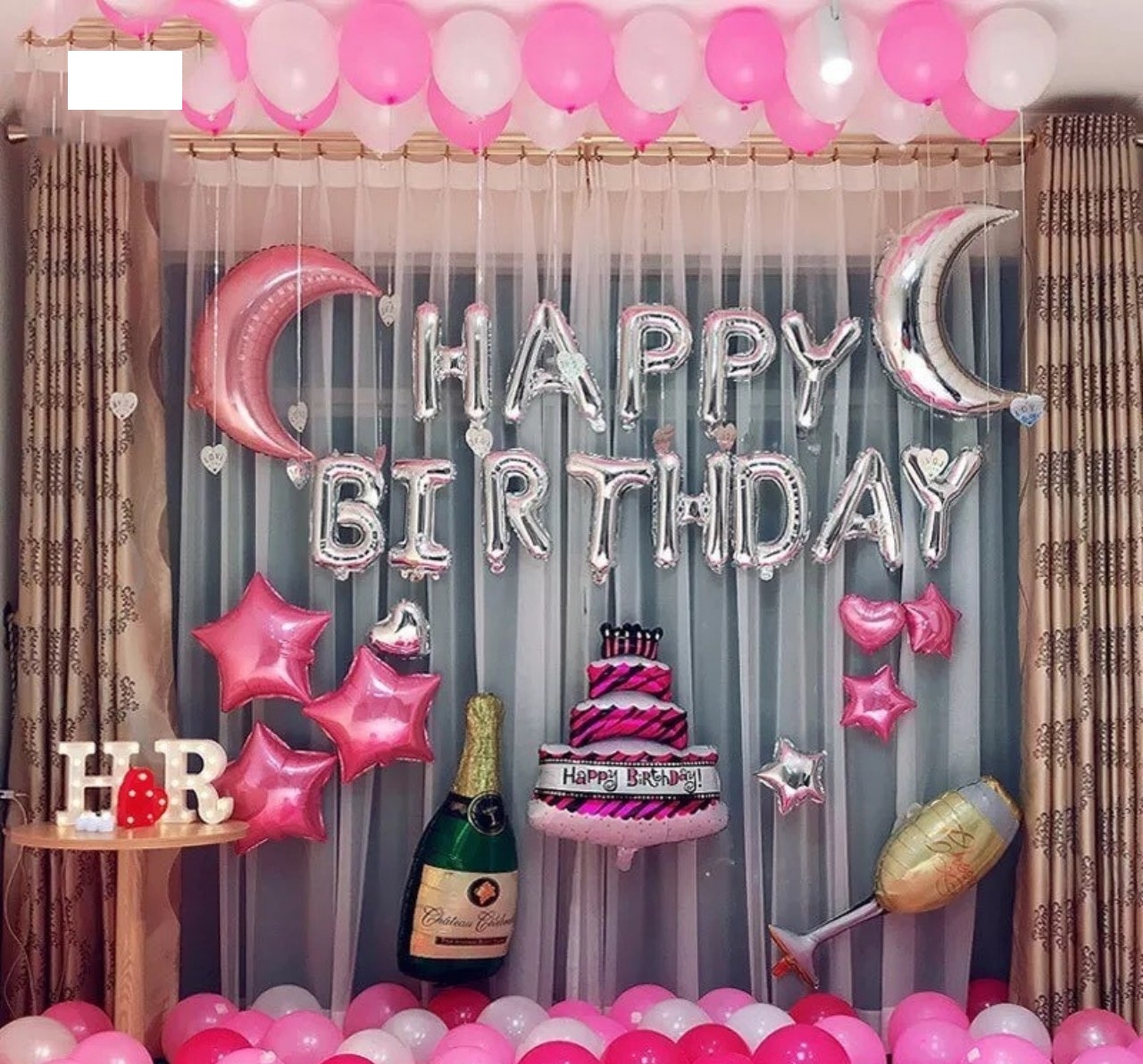 Set Bóng Trang Trí Sinh Nhật Happy Birthday Tông Màu Hồng+50 bóng tròn nhũ+ bóng ly champain+ bóng nhôm bánh gato