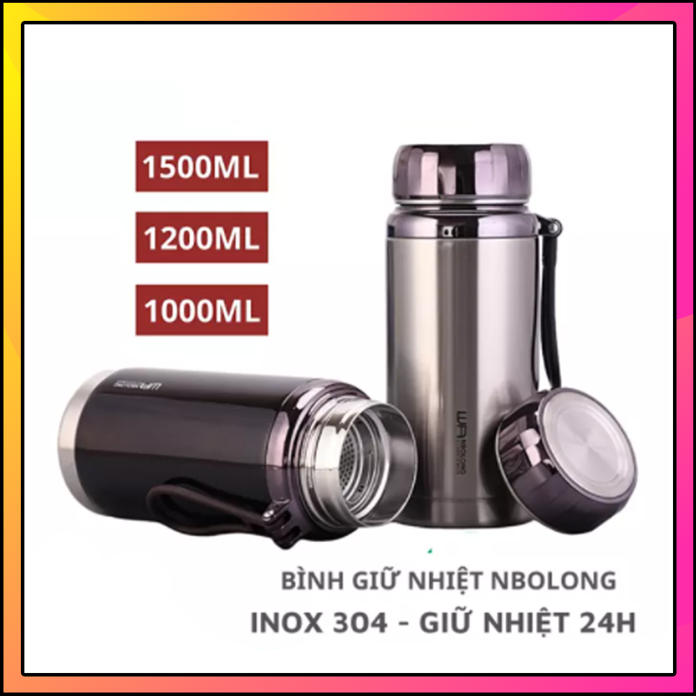 [GIỮ NHIỆT ĐẾN 12 TIẾNG] Bình giữ nhiệt inox 304 giữ nhiệt hơn12h Thép Không Gỉ 1500ml ,1200ml , 1000ml 600-780ml có lưới Lọc Trà và dây treo cao cấp