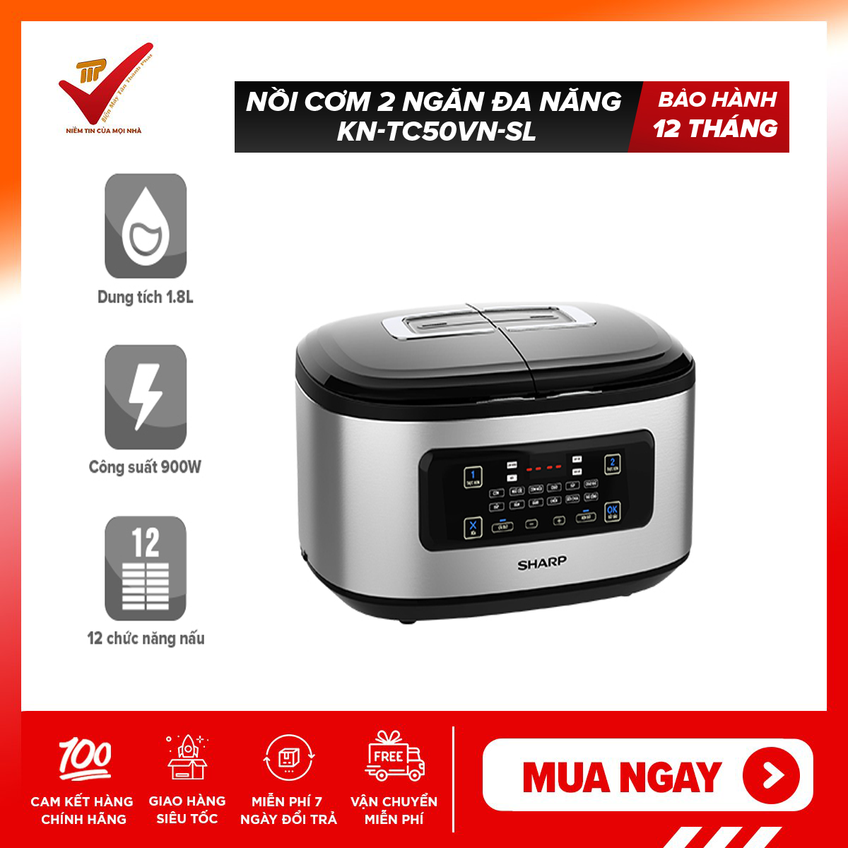[CHÍNH HÃNG]Nồi đôi đa năng Sharp Nồi Cơm Điện Tử 2 Ngăn Đa Năng Sharp 1.8 lít KN-TC50VN-SL/WH [Có Thể Hoạt Động Độc Lập 1 Nồi, Nấu 4 Món Cùng Lúc, Màn Hình Cảm Ứng LED Siêu Tiết Kiệm Điện, Phù Hợp Cho 2-4 Người]