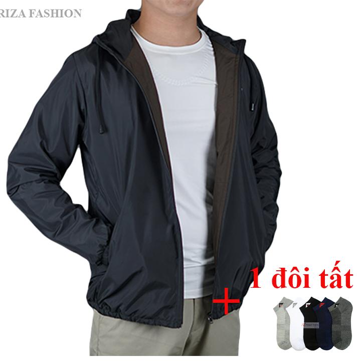 Combo Áo khoác gió có mũ liền 2 lớp giữ ấm chống gió chống nắng ARIZA kèm 1 đôi tất lười