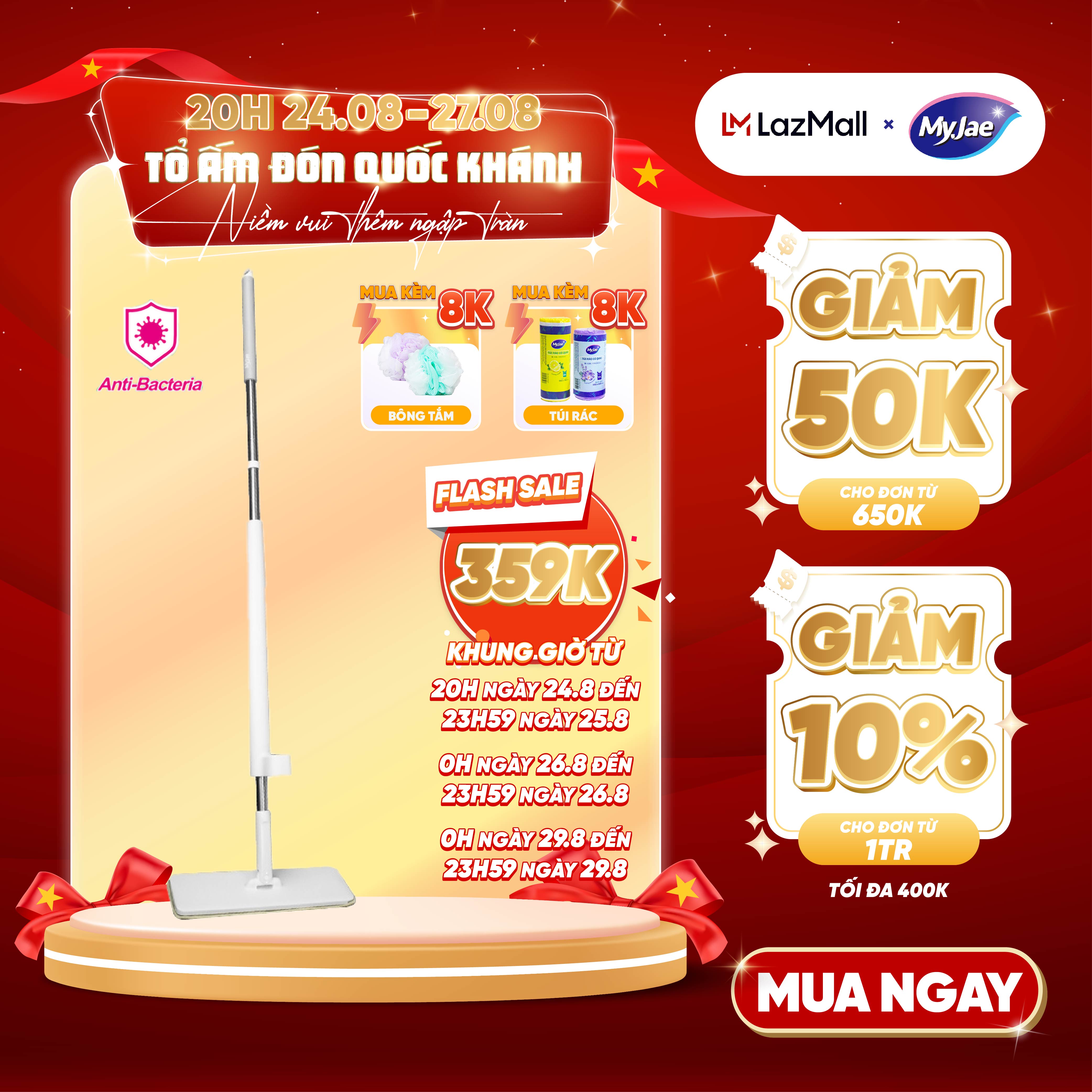 [Flash sale 20h00 24.8-26.8/29.8] Cây lau nhà tự vắt kháng khuẩn Ag+ phẳng sợi fiber xoay 360 độ thông minh lau sạch nhanh khô MyJae Đài Loan