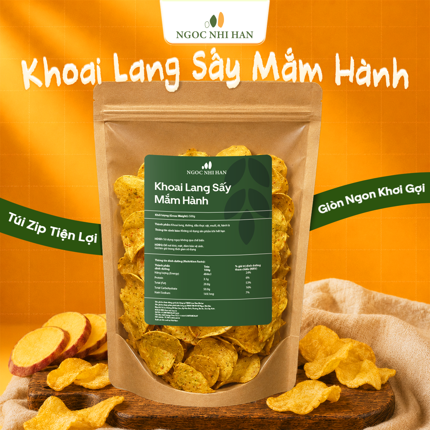 Khoai Lang Sấy Mắm Hành Ngọc Nhi Hân Túi Zip 500g - Khoai Lang Sấy Giòn, Đậm Vị, Ăn Vặt Tiện Lợi