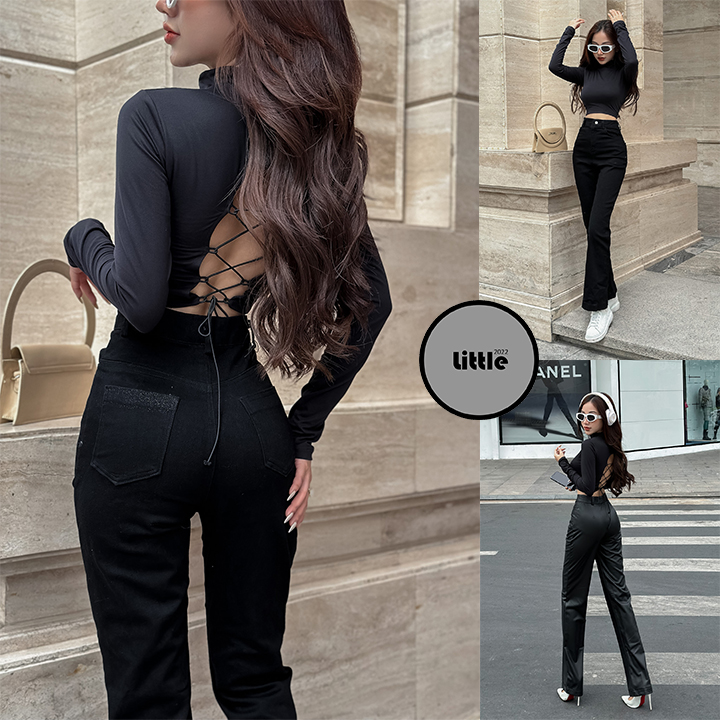 Áo Hở Lưng Đan Dây Cổ Cao Dáng Croptop Chất Thun Co Giãn 4 Chiều Dài Tay Màu Đen Bigsize Dưới 80Kg "hlđd"