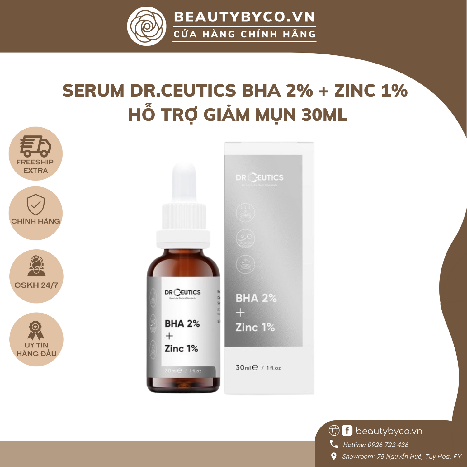 Serum bha 2% + zinc 1% drceutics giảm mụn và giảm sưng mụn - beautybyco