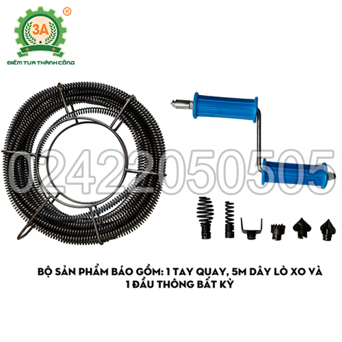 Bộ dây thông tắc cống lò xo 3A bao gồm tay quay + 5M dây phi 16 + 1 đầu thông