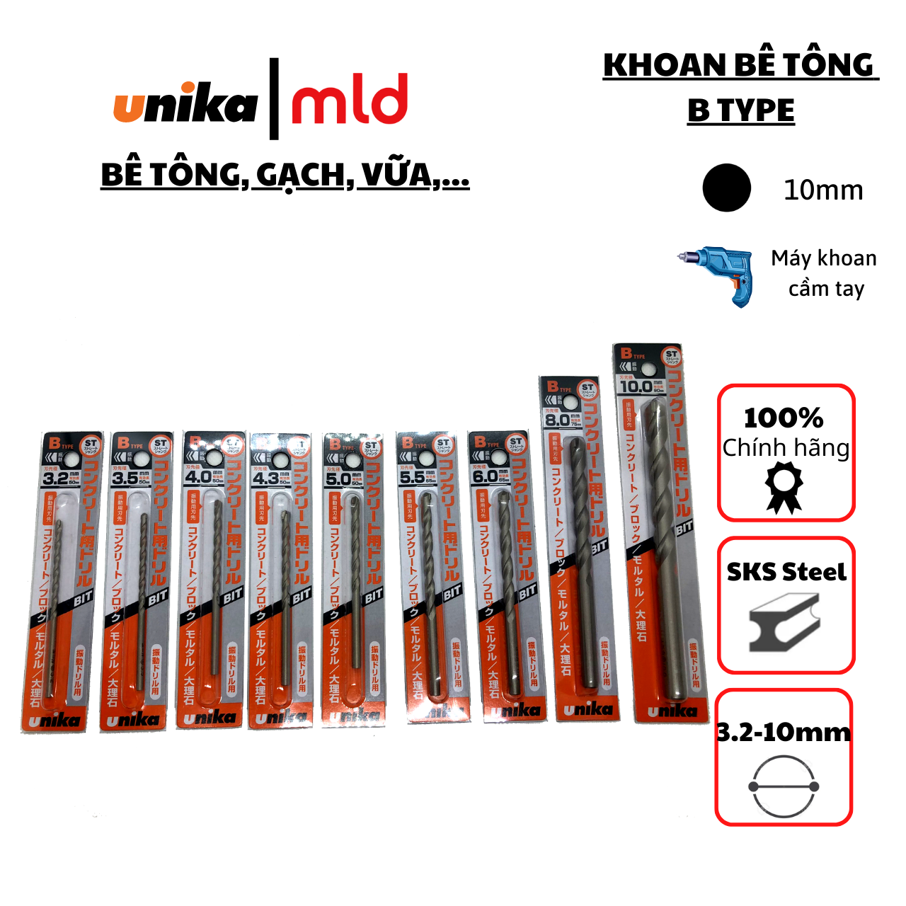 Mũi khoan tường, bê tông Unika chân tròn mã B