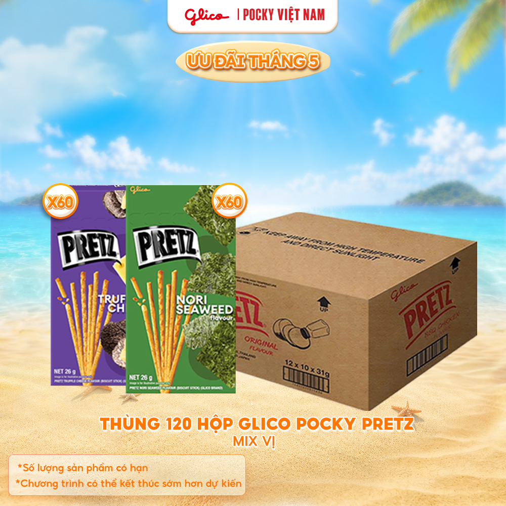 (HOT) Thùng 120 Hộp Bánh Que Snack Nướng Giòn GLICO PRETZ ROCKSTAR Mix Vị - 26G/Hộp (60H Rong Biển Nori - 60H Phô Mai Nấm)