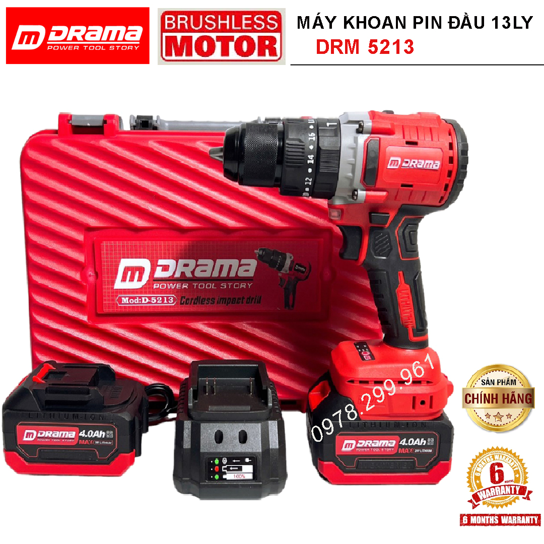 Máy Khoan Pin DRAMA 5213, Lực Siết 100N.m, 3 Chức năng, Đầu kẹp 13mm Autolock Động Cơ Không Chổi Tha