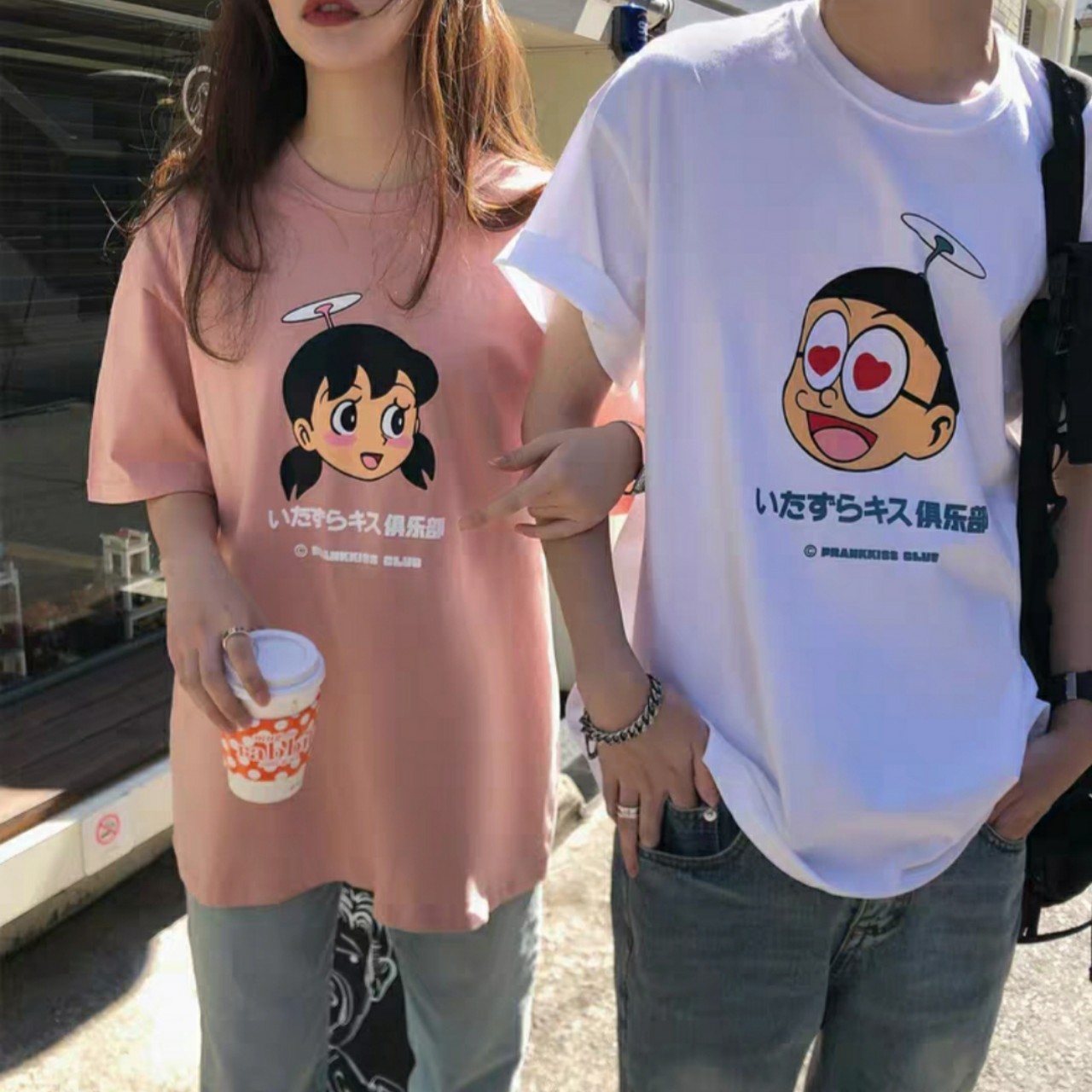 Combo 2 áo thun cặp đôi nam nữ nobita xuka from rộng vải dày mịn