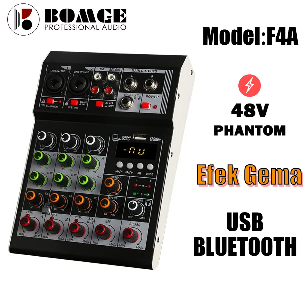 BOMGE F4A Bàn trộn âm thanh , Bàn trộn âm thanh mini 4 kênh, Bộ điều khiển DJ, Bàn trộn karaoke KTV mini tại nhà, Giao diện hiệu ứng USB/Bluetooth