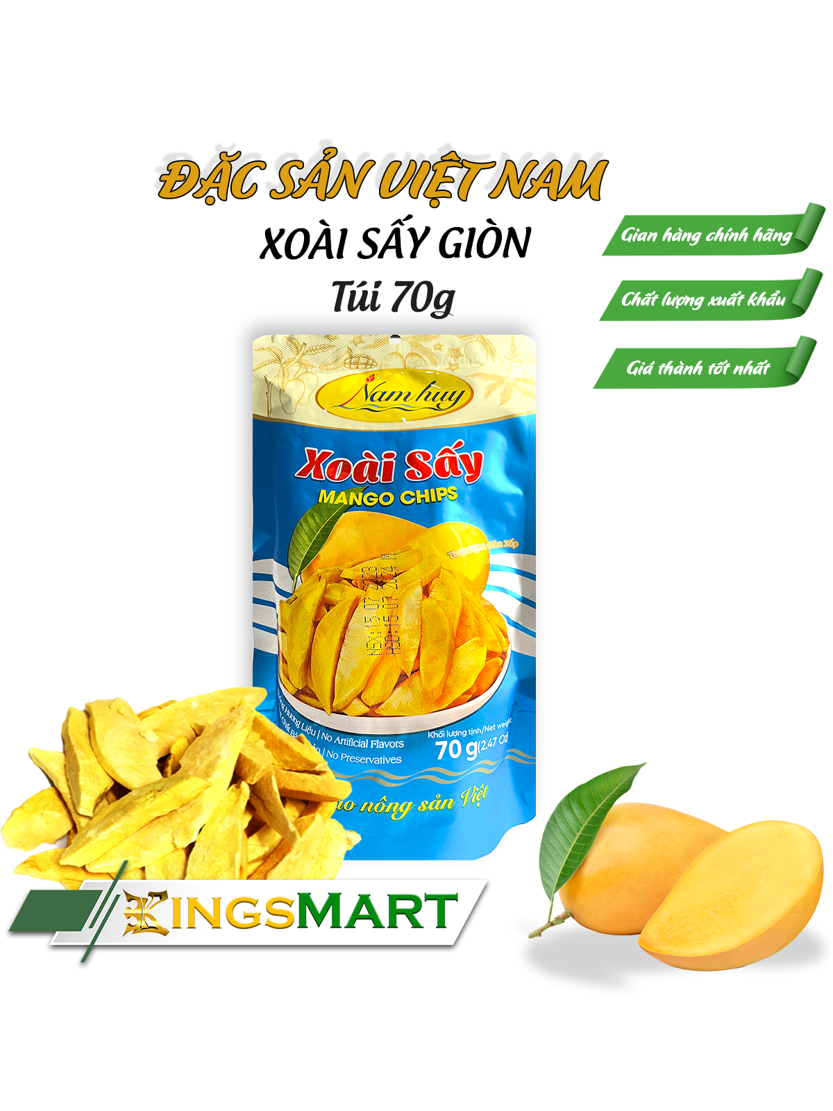 Xoài sấy giòn độc đáo - thương hiệu nam huy - đặc sản đồng tháp - túi 70g - kingsmart