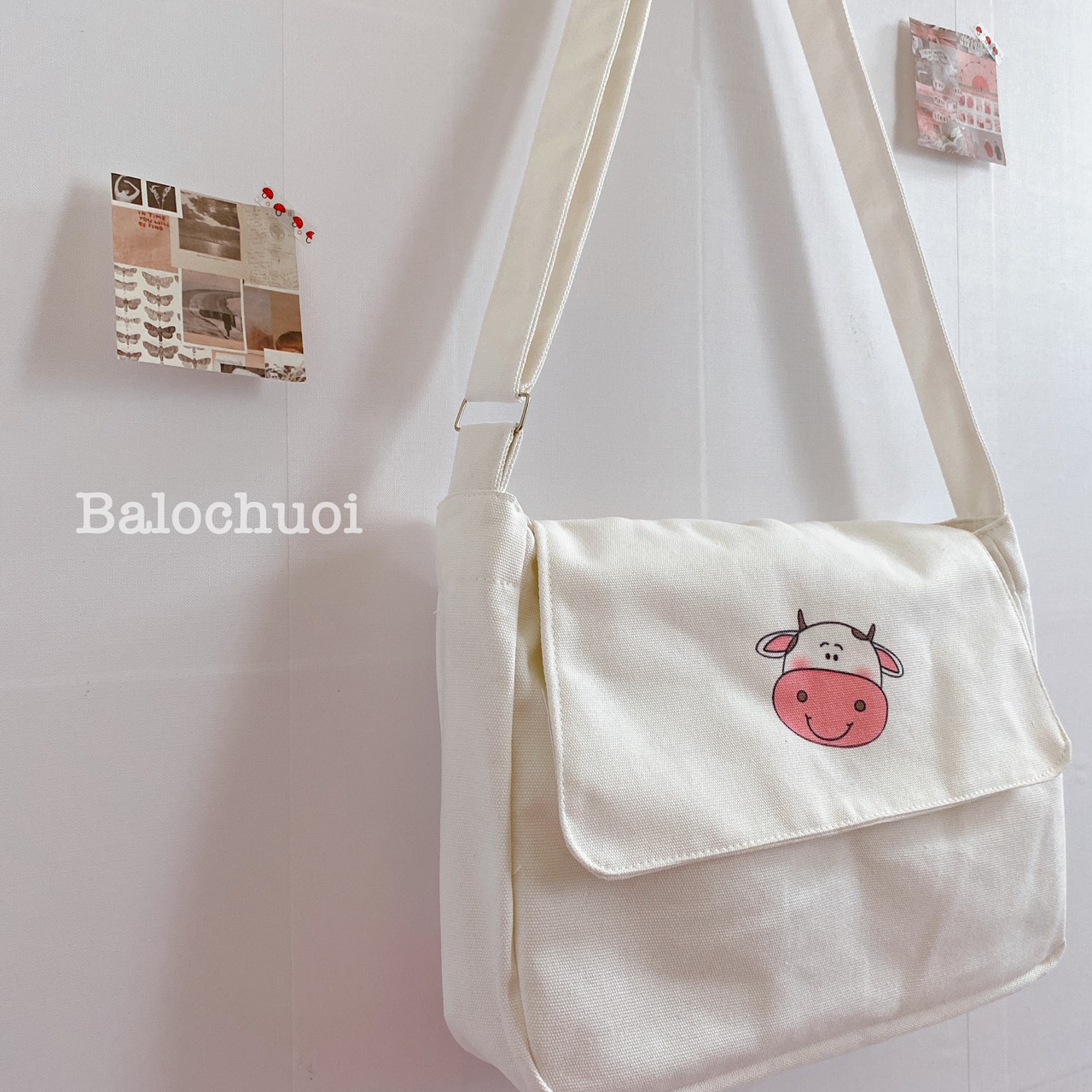 [HCM]Túi đeo chéo nữ vải canvas nút bấm hình com bò hồng đựng vừa a4