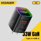 ESSAGER 33W GaN Type-C+USB-A Bộ sạc Đa cổng Tốc độ Nhanh PD/QC3.0 Bộ sạc GaN Cho Máy tính Bảng Macbook iPhone17 16 15 14-8 Samsung Huawei Xiaomi iPad AirPods Switch