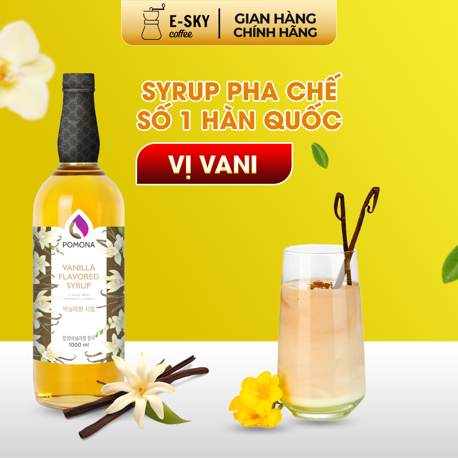 Siro Vani Pomona Vanilla Syrup Nguyên Liệu Pha Chế Cà Phê Trà Sữa Hàn Quốc Chai Thủy Tinh 1 lít