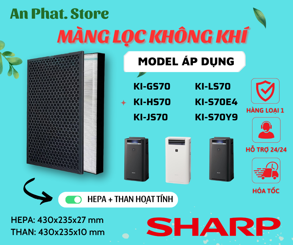 Màng lọc không khí sharp: ki-gs70, ki-hs70, ki-js70, ki-ls70 ki-s70e4 ki-s70y9,... màng lọc hepa, màng lọc than hoạt tính