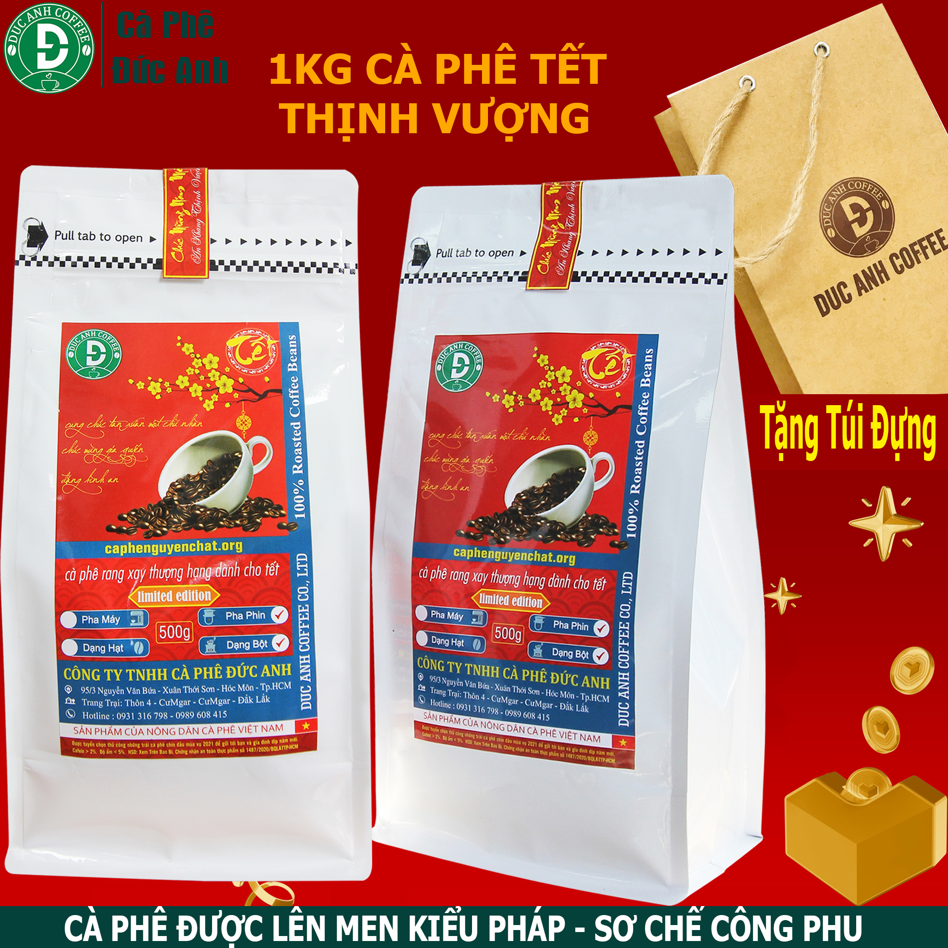 1kg cà phê rang mộc Phiên bản Đặc Biệt DUC ANH COFFEE  - sản phẩm lựa chọn trái chín lên men đầu mùa vụ mới Cafe Ngon Nguyên Chất Đến Từ Đắk Lắk - 2 gói mỗi gói 500gr